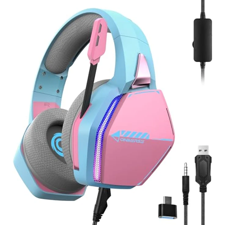 Oniverse Gaming-Headset PS5 PS4 Switch Xbox PC Mac mit verstellbarem Mikrofon, LED, Lautsprecher 50 mm, Ohrpolster aus atmungsaktivem Stoff, kabelgebunden, Nebula (Diva Pink/Rosa) – Bild 1