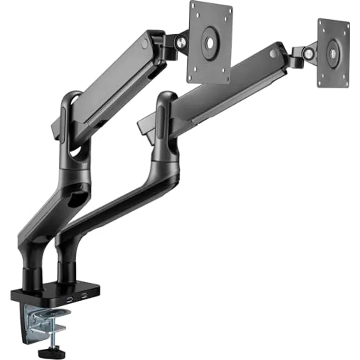 My Wall HL22-2L Vollbeweglicher Tischhalter mit Gasdruckfeder für Flachbildschirme, Monitor Halterung, 2 USB-Anschlüsse, Kabelmanagement, Monitor Arm, 17" bis 32", belastbar 2-9 kg, silber