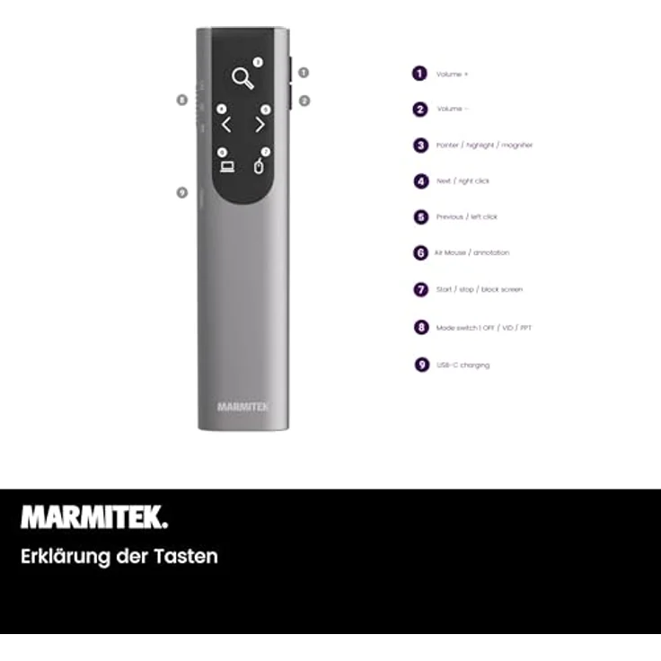 Marmitek WPR-400, Kabelloser Presenter mit digitalem Laserpointer, Air-Maus Funktion, Zoom, 30 Meter Reichweite, USB-Empfänger, stabil im Metallgehäuse, wiederaufladbarer Akku – Bild 5