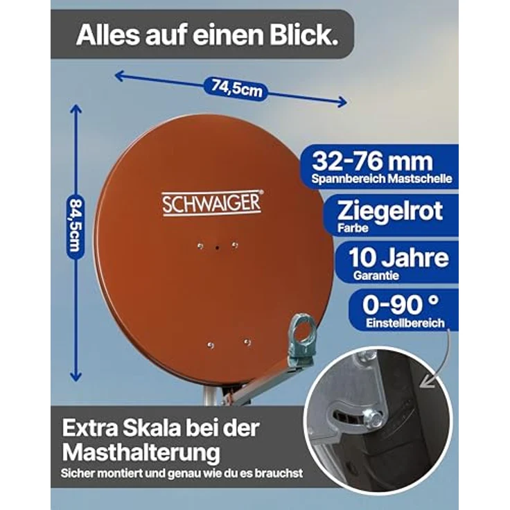 Schwaiger Aluminium Satellitenschüssel 80 cm, vormontiert, ziegelrot, mit LNB-Tragarm und korrosionsgeschützter Beschichtung – Bild 5