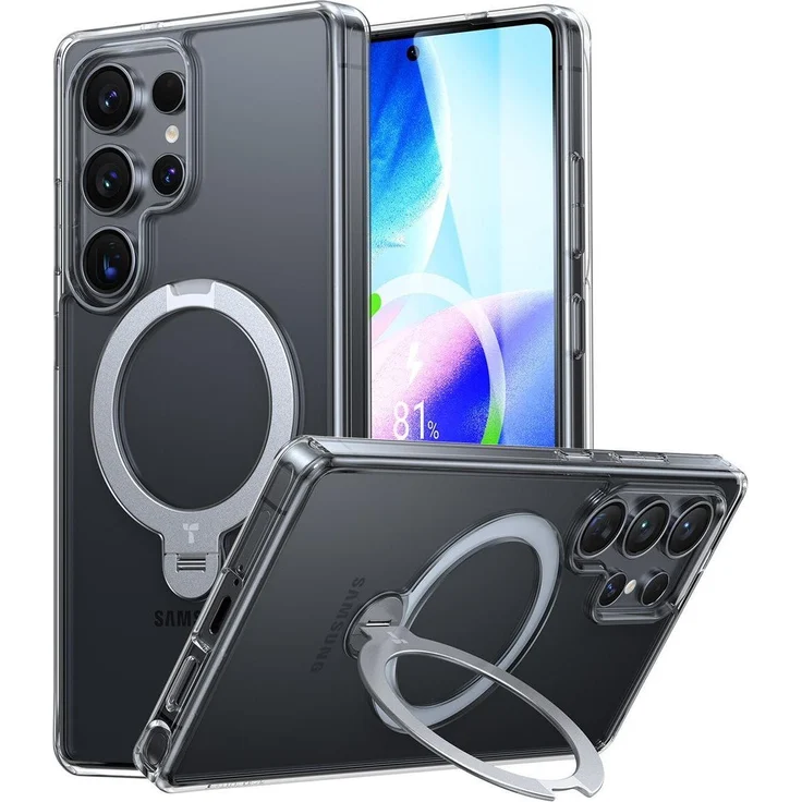 Torras Ostand Spin Series, Smartphone Hülle für Samsung Galaxy S25 Ultra, Transparent mit 360°-Standring und militärischem Schutzstandard