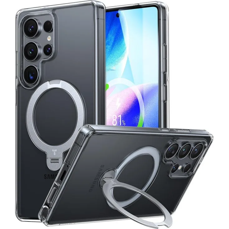 Torras Ostand Spin Series, Smartphone Hülle für Samsung Galaxy S25 Ultra, Transparent mit 360°-Standring und militärischem Schutzstandard