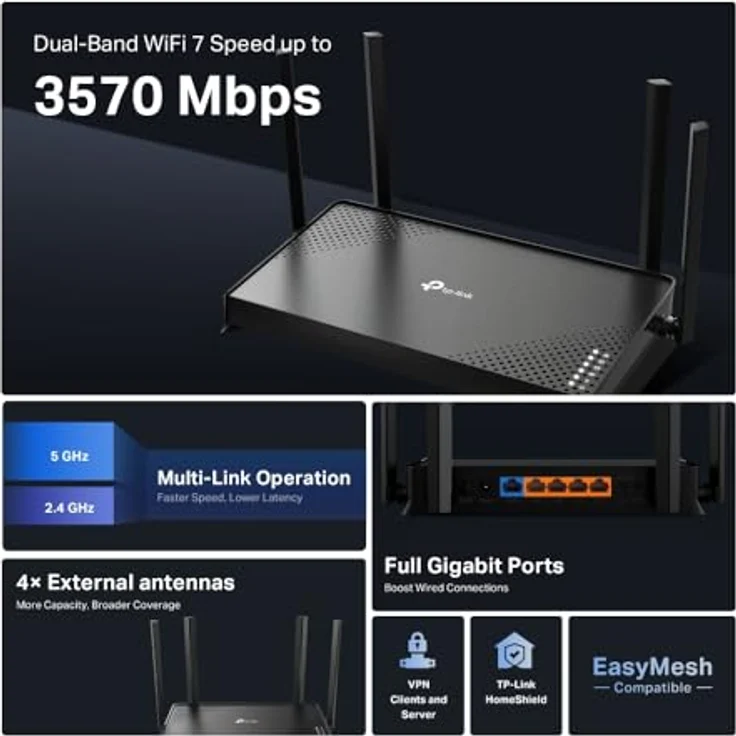 TP-Link Archer BE220 BE3600, Dual-Band Wi-Fi 7 Router mit 1000 Mbit/s, schwarz – Bild 4