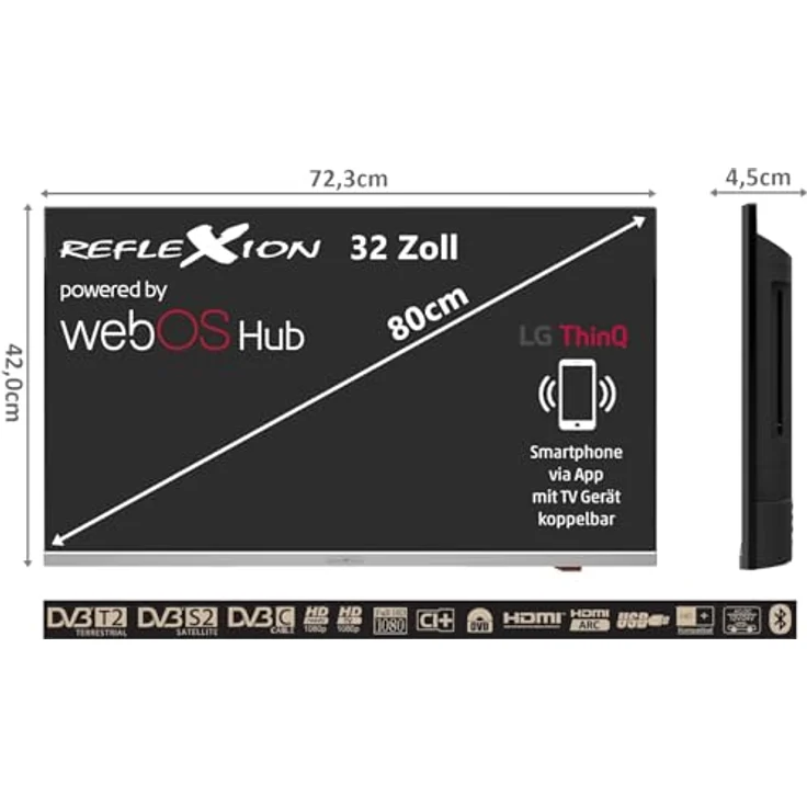 REFLEXION Smart LED Fernseher, LG webOSHub, 80 cm/32 Zoll, 12/24/230 Volt, Full HD, Triple Tuner, Bluetooth, WLAN, Schwarz/Silber – Bild 2