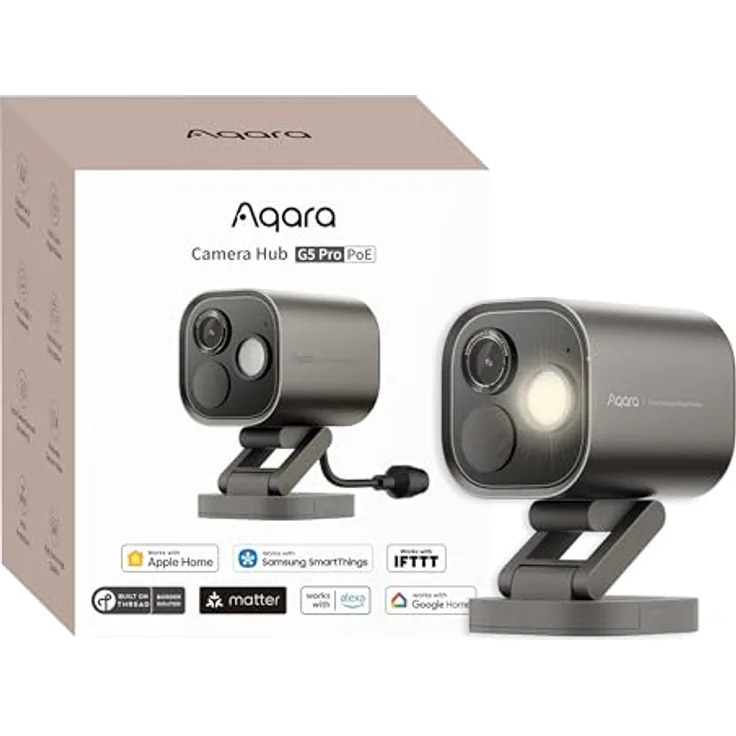 Aqara 4MP Kamera-Hub G5 Pro PoE, Echtfarbe Nachtsicht Überwachungskamera Aussen, HomeKit Secure Video, Thread-Grenzrouter, Lokale Erkennung, Thread/Zigbee, Unterstützt Alexa Google SmartThings (Grau)