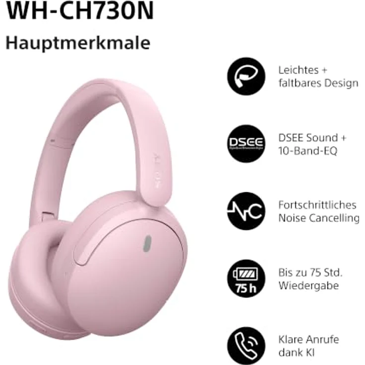 Sony WH-CH730N, Over-Ear Kopfhörer mit Noise-Cancelling, rosa – Bild 2