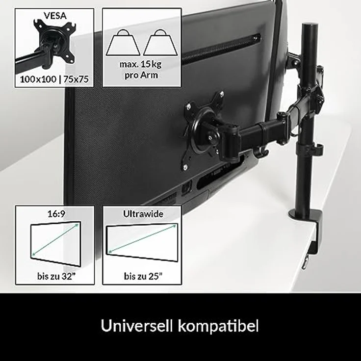 ARCTIC Z2 Basic - Dual-Monitorarm mit Tischhalterung, Flexible Monitorhalterung, Bildschirmhalterung für Schreibtisch, schwenkbar, höhenverstellbar, bis zu 32''-25'' Ultrawide – Bild 2