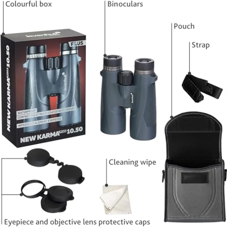 Levenhuk New Karma PLUS 10x50 Fernglas, 10x Vergrößerung, 50mm Objektiv, wasserdicht, schwarz – Bild 2