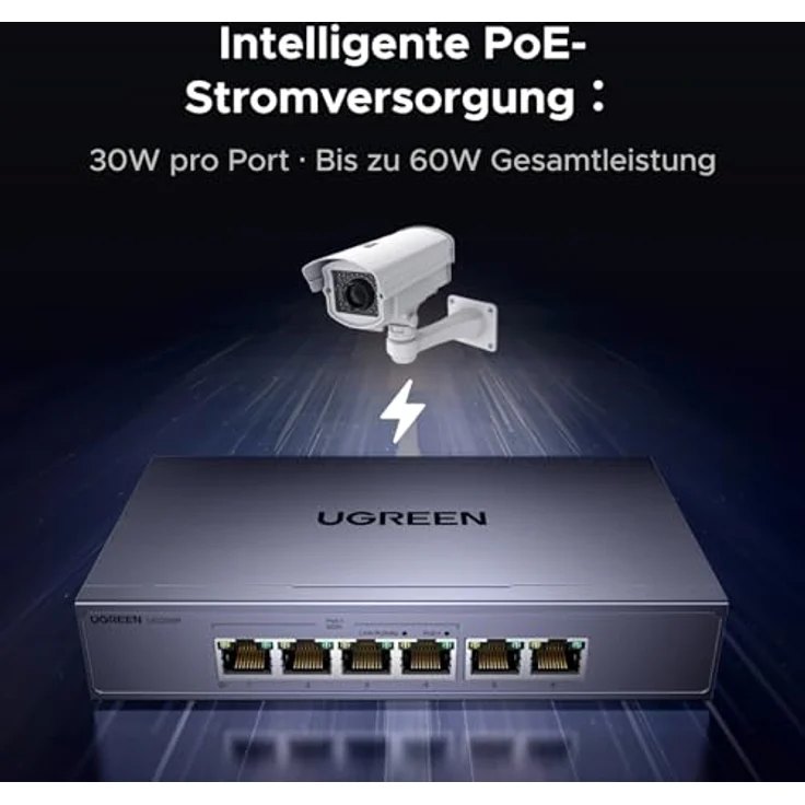 UGREEN PoE Switch 6 Port Gigabit LAN Switch, 4 PoE+2 Gigabit-Ports, 60W, VLAN, IEEE 802.3af/at, Plug-and-Play, robustes Metallgehäuse – Bild 2