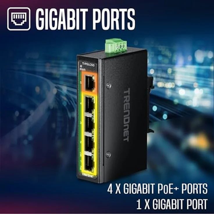 Trendnet TI-PGLC50, 5-Port Industrial Gigabit PoE+ Netzwerk Switch, IP30 Schutz, Betriebstemperatur -40°C bis 75°C, Schwarz – Bild 3