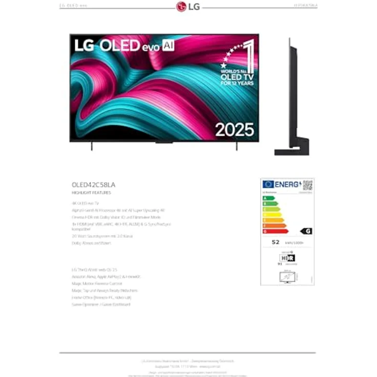 LG OLED42C58LA evo AI G5 4K Smart-TV | 42" (106 cm) 4K OLED evo AI TV mit Brightness Booster | Alpha 9 Gen8 4K AI-Prozessor mit zahlreichen AI-Funktionen | webOS 25 | Flüssiges Gaming mit bis zu 4K @ 144 Hz, Nvidia G-Sync und AMD FreeSync, LG OLED C5 – Bild 9