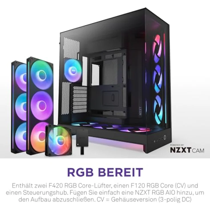 NZXT H9 Flow RGB+, ATX Mid-Tower PC-Gehäuse mit 7 RGB-Lüftern (6 x 140mm, 1 x 120mm), Dual-Kammer-Design, 420mm Radiatorunterstützung, Schwarz – Bild 3