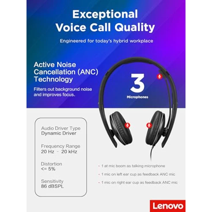 Lenovo 4XD1M39029 Kopfhörer mit aktiver Geräuschunterdrückung, On-Ear, kabelgebunden, USB Typ-C, schwarz – Bild 8