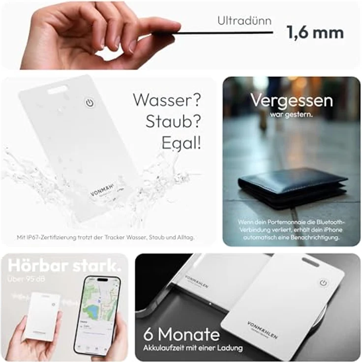 VONMÄHLEN FindMe Bluetooth Tracker Karte, Ultra-Slim Design, kabellos aufladbar, wasser- und staubresistent, kompatibel mit Apple Find My, ideal für Brieftaschen und Gepäck - White – Bild 3