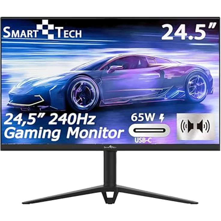 Smart Tech 25 Zoll Gaming Monitor, Full HD (1920x1080), 240Hz, USB-C 65W, 1ms MPRT, FreeSync, Höhenverstellbar, Schwarz