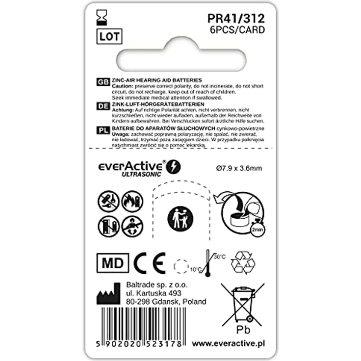 everActive 312, 6 Stück, Hörgerätebatterien, hohe Leistung, Zink-Luft-Batterien, 1 Blisterkarte, 4-jährige Haltbarkeit, braun, Ultrasonic PR41 – Bild 4