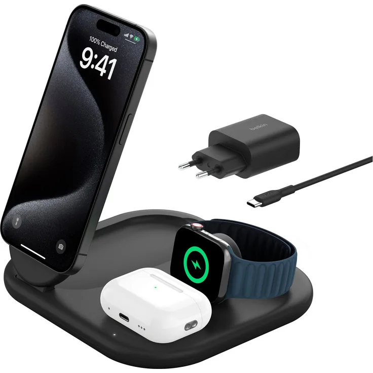 Belkin BoostCharge 3-in-1 15 W magnetisch, einklappbar Wireless Charger, iPhone 16/15/14/13/12, Apple Watch, AirPods, weiß