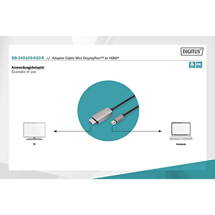 DIGITUS 8K Mini DisplayPort zu HDMI Adapterkabel - Displayport 1.4 - HDMI 2.1-8K/60Hz - Plug&Play - vergoldete Kontakte - 1m - Schwarz – Bild 4