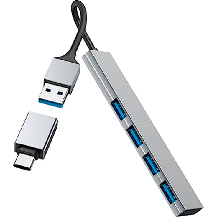 Hama USB-Hub 4 Ports (USB-A und USB-C-Anschluss, 4x USB-A für Maus, Tastatur, externe Festplatte, USB-Stick etc., Aluminium-Gehäuse, Ultra Slim, USB-Adapter für Büro, Home Office)
