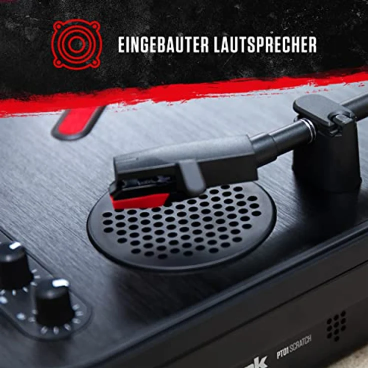Numark PT01 Scratch - tragbarer DJ-Plattenspieler mit auswechselbarem Scratch-Switch, eingebautem Lautsprecher, Stromversorgung über Batterie - Netzteil, 3 Geschwindigkeiten und USB-Verbindung – Bild 5