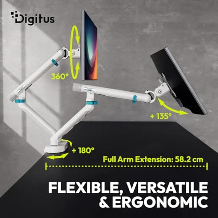 DIGITUS Dual Monitor Halterung für zwei Monitore bis 35 Zoll, mechanische Feder mit 10 kg Traglast, für Flach- und Curved-Bildschirme, VESA 75x75/100x100, Tischklemme, Design Serie, Weiß – Bild 3
