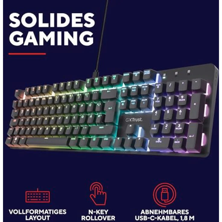 Trust Gaming GXT 871 Zora Mechanische Gaming Tastatur mit RGB Beleuchtung, Lineare Huano Switches, N-Key Rollover Anti-Ghosting, USB Programmierbar, Deutsch QWERTZ Layout – Bild 4