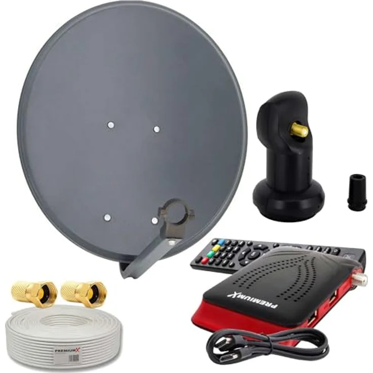 PremiumX Satelliten-Komplettanlage 60cm Anthrazit SAT Single LNB 10m Antennenkabel HD TV Digital Satelliten Receiver HDMI-Kabel – Bild 1