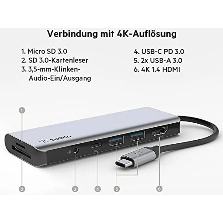 Belkin 7-in-1-Multiport-USB-C-Hub (mit 4K HDMI, USB-C, 2x USB-A, 3,5-mm- Audioklinke, SD 3.0- und microSD 3.0-Steckplatz für Geräte wie MacBook Pro, MacBook Air, iPad Pro und XPS) – Bild 2