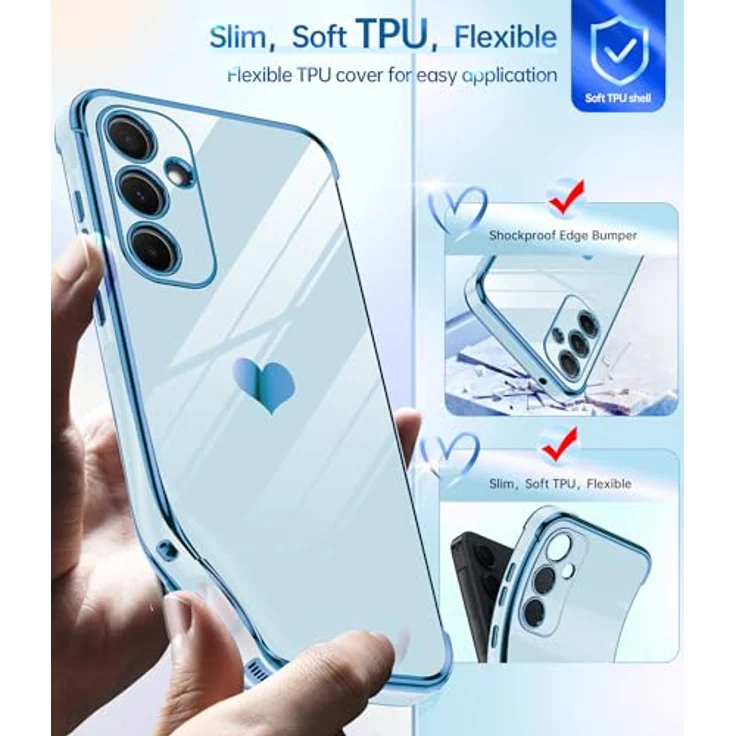 LeYi Hülle für Samsung Galaxy A35 5G, TPU Silikon Schutzhülle mit Herz Muster und 2 Schutzfolien, stoßfest, kratzfest, blau – Bild 3