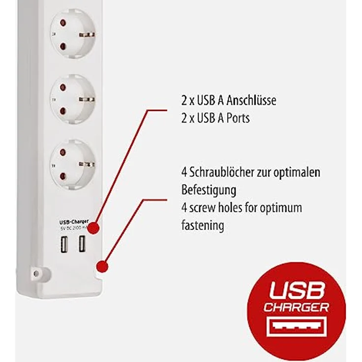 Brennenstuhl Bremounta Steckdosenleiste 5-fach mit USB-Ladefunktion (Mehrfachsteckdose mit 90 Grad Steckdosen, Steckerleiste mit Befestigungsmöglichkeit und 3m Kabel) weiß – Bild 3