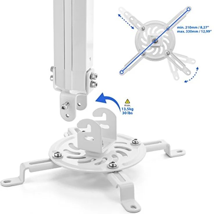 deleyCON Universal Beamerhalterung Deckenhalterung +-15° Neigbar - 360° Drehbar - bis 13,5Kg - Höhenverstellbar 380mm-580mm - Kabelführung - Weiß – Bild 3