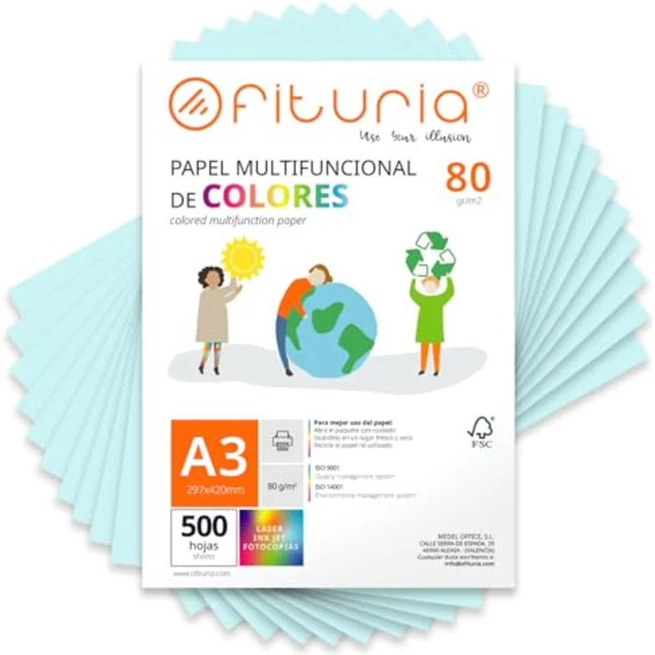 OFITURIA Buntes Papier, 500 Blatt A3 80g – Farbiges Papier für Basteln, Drucker und Scrapbooking – Hellblau – Bild 1