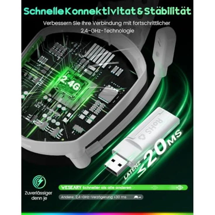 WESEARY Gaming Headset Wireless mit Mikrofon, 60 Stunden Akkulaufzeit, Stereo-Sound, RGB-Beleuchtung für PS5 PS4 PC Switch Mac – Bild 4