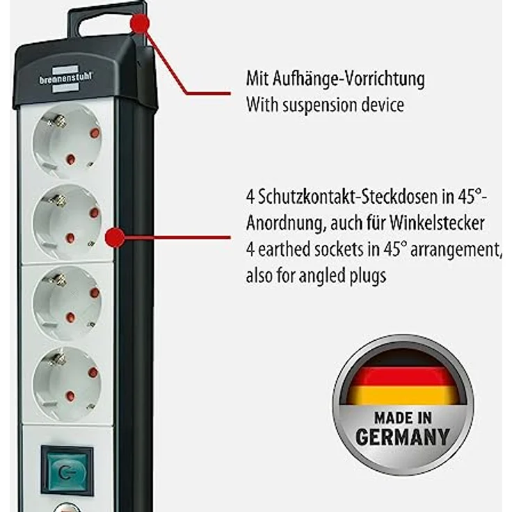 Brennenstuhl Premium-Line, Steckdosenleiste 4-fach (Steckerleiste mit Schalter und 1,8m Kabel - 45° Anordnung der Steckdosen, Made in Germany) schwarz-grau – Bild 2
