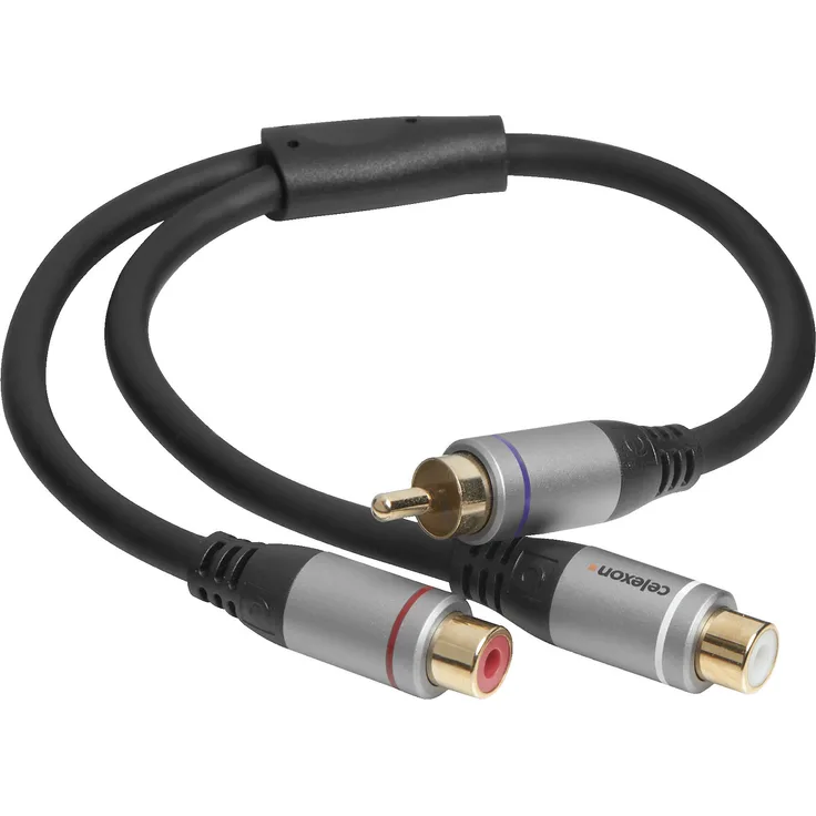 celexon Cinch auf 2x Cinch M/F Audioadapter 0,25m - Professionelle 3-fach geschirmte Verbindung mit vergoldeten Kontakten, schwarz