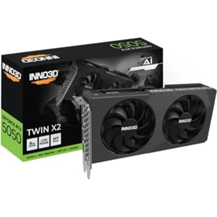 Inno3D RTX5050 Twin X2, 8GB GDDR6 Grafikkarte mit 2 Lüftern, HDMI und 3xDP, bis zu 7680 x 4320 Pixel, PCIe 5.0, hohe Boost-Frequenz 2572 MHz