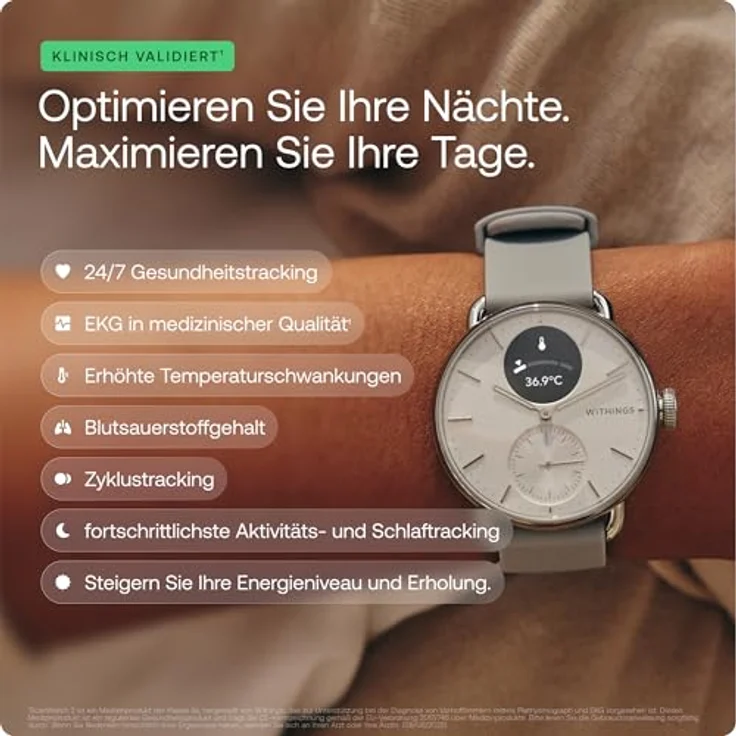Withings ScanWatch 2, Gesundheits-Smartwatch mit EKG, SpO2, Temperatur- und Schlaf-Tracker, wasserdicht, Akku 30 Tage, Blue, 42mm – Bild 3