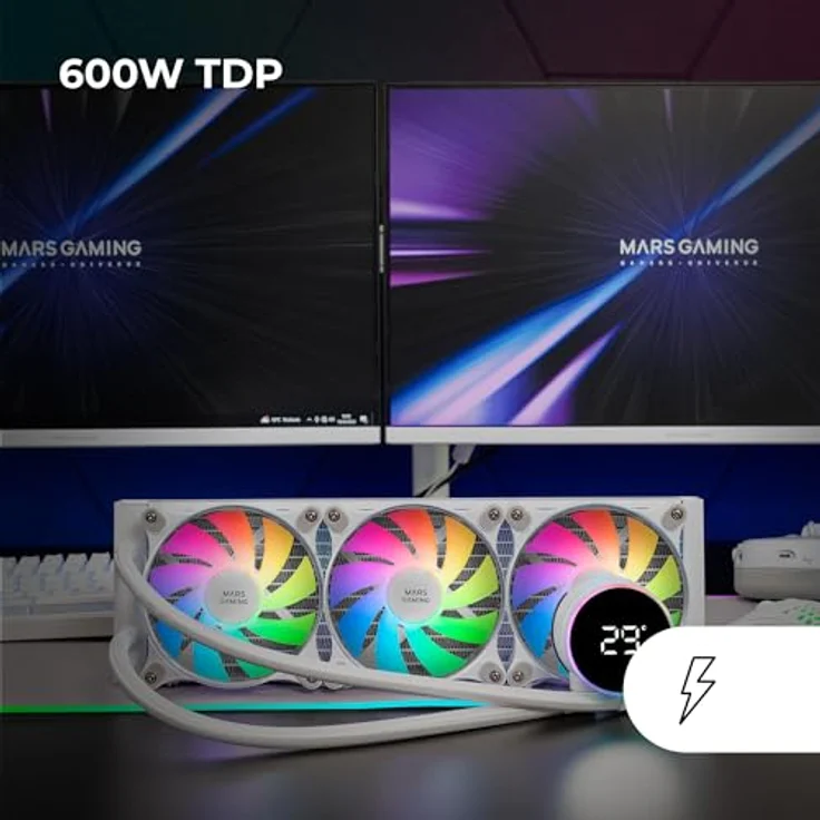 Mars Gaming ML-LCD360, AIO Flüssigkeitskühlung mit 600W TDP, 3x FDB ARGB 120mm Lüfter, LCD-Temperaturdisplay, Opti-Chamber 3rd Gen Pumpe, weiß – Bild 2