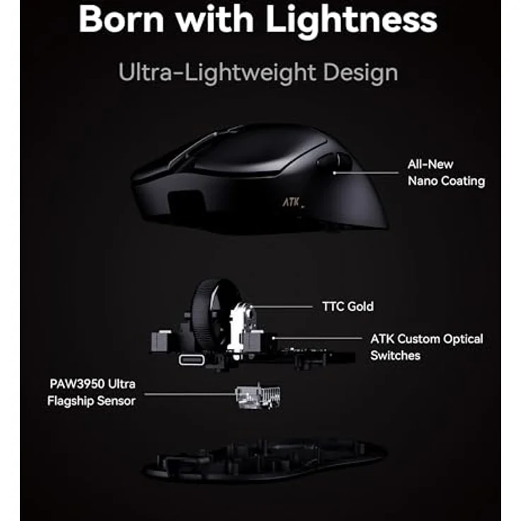 ATK Blazing Sky U2 V2 Gaming-Maus, kabellos mit PAW3950 Ultra Sensor, 8K Hz Polling Rate, leichtes Design - weiß – Bild 3