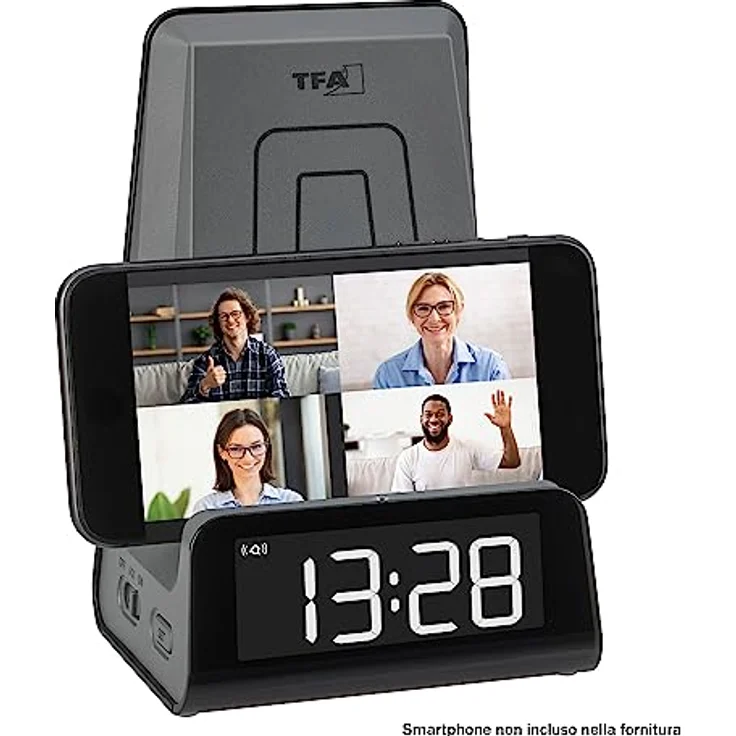 TFA Dostmann 2 in 1 Induktive Ladestation ICONcharge, 60.2033.10, für Smartphones, Kabelloses Laden, mit Weckfunktion, USB-Ladefunktion, Halter für Video Calls, LED-Leuchtziffern, anthrazit – Bild 4