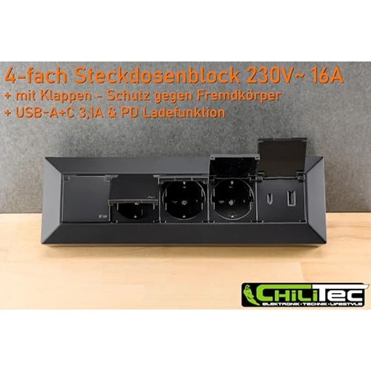ChiliTec Steckdosenblock 4-Fach Mehrfachsteckdose mit Klappdeckel, USB-A & USB-C PD, 230V, Schwarz – Bild 4