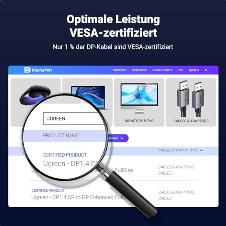 UGREEN 8K DisplayPort Kabel 1.4, VESA-zertifiziert, Aluminium, 8K 60Hz, 4K 240Hz, 32.4 Gbps, kompatibel mit HDR, FreeSync, G-Sync, 1M – Bild 2