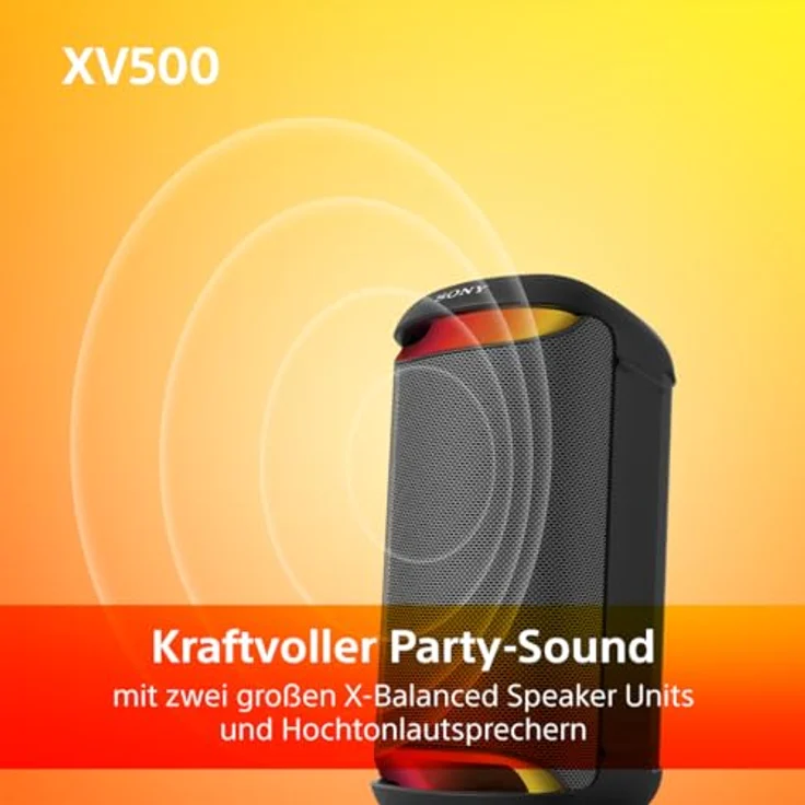 Sony SRS-XV500 - Kabelloser Bluetooth-Partylautsprecher mit kraftvollem Sound und MEGA BASS - 25 Stunden Akkulaufzeit, tragbar, LED-Beleuchtung, Party Connect, IPX4, Karaoke-Mikrofoneingänge - Schwarz – Bild 2