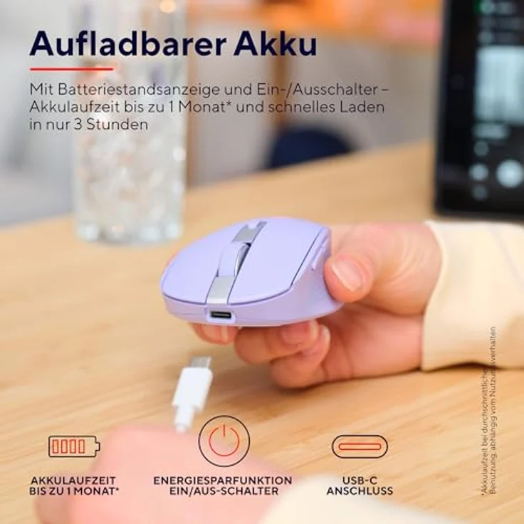 Trust Ozaa Leise Kabellose Maus Bluetooth + 2.4GHz, Kompakte Mehrgeräte Funkmaus, 60% Recyclingkunststoff, Wiederaufladbare Bluetooth Maus Laptop PC Computer Windows Android Mac - Purpur – Bild 4