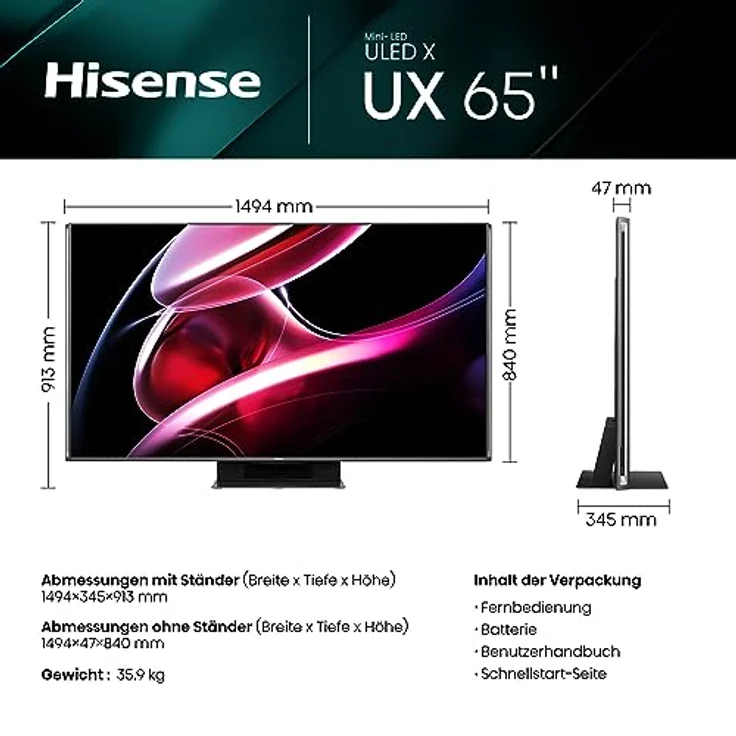 Hisense 65UXKQ 164 cm (65 Zoll) Fernseher, 4K Mini LED ULED, Smart TV, HDR10+, Dolby Vision IQ, Triple Tuner, 144 Hz (VRR), Airplay, Alexa Built-in, Dolby Atmos, Anthrazit (2023) – Bild 2