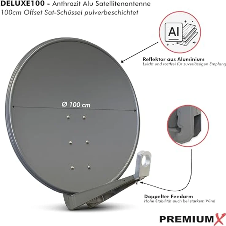 PremiumX DELUXE100 Satellitenantenne, 100 cm Aluminium Anthrazit, hohe Empfangsqualität mit 40,3 dB Gewinn und Multifeed geeignet – Bild 2