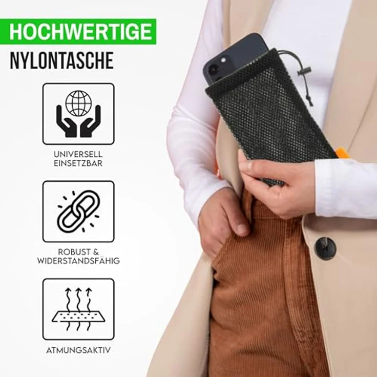 wortek Universal Handytasche 18,5 x 9 cm, Handysocke für Smartphones bis 6,5 Zoll, elastisches Nylon Mesh, schwarz – Bild 4