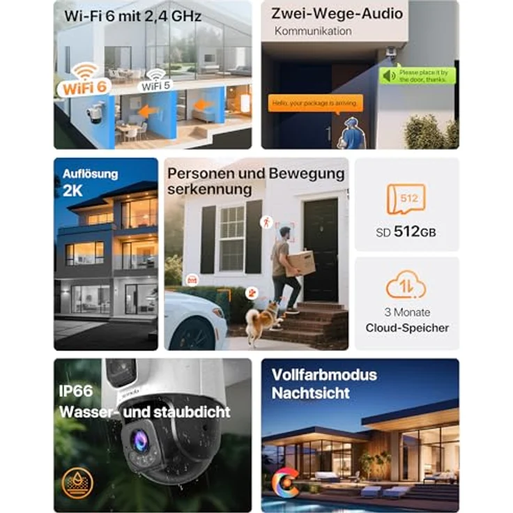 Tenda RH9-WCA Wi-Fi 4MP Schwenk/Neige-Dualobjektiv-Überwachungskamera mit Nachtsicht und IP65 Schutz für den Außenbereich – Bild 3
