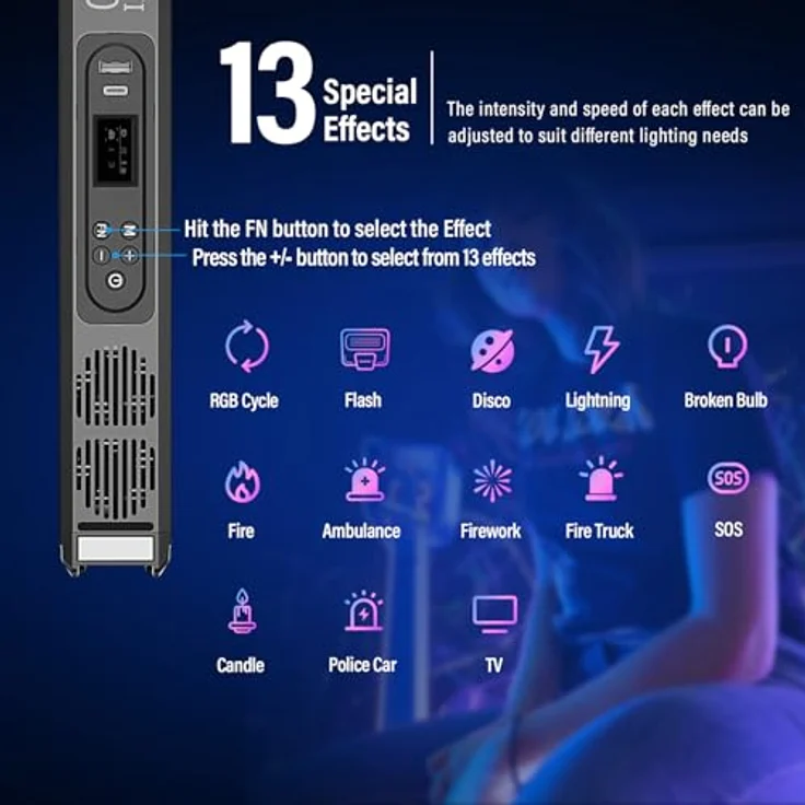 SIRUI T30 RGB LED Video Light Stick, 30W Tube Light, 2500K~7000K, 2580 Lux/0.5m (Black) - Hohe Leistung, 6 Pixel-Effekte, CCT/HSI-Modi – Bild 4