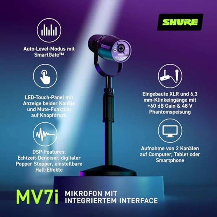 Shure MV7i Smart Podcast- und Mikrofon + Audio-Interface – Dual-XLR-Anschlüsse, USB-C, Voice Isolation Technologie – Bild 3